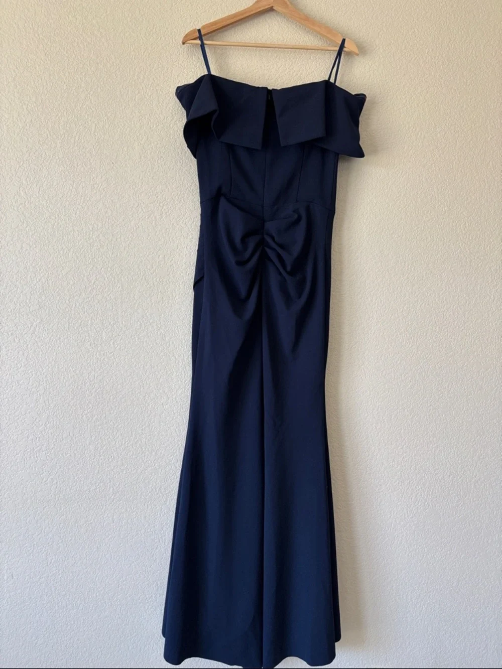 Xscape Off The Shoulder Scuba Crepe Evening Gown With Ruffled Neckline - Picture 3 of 4